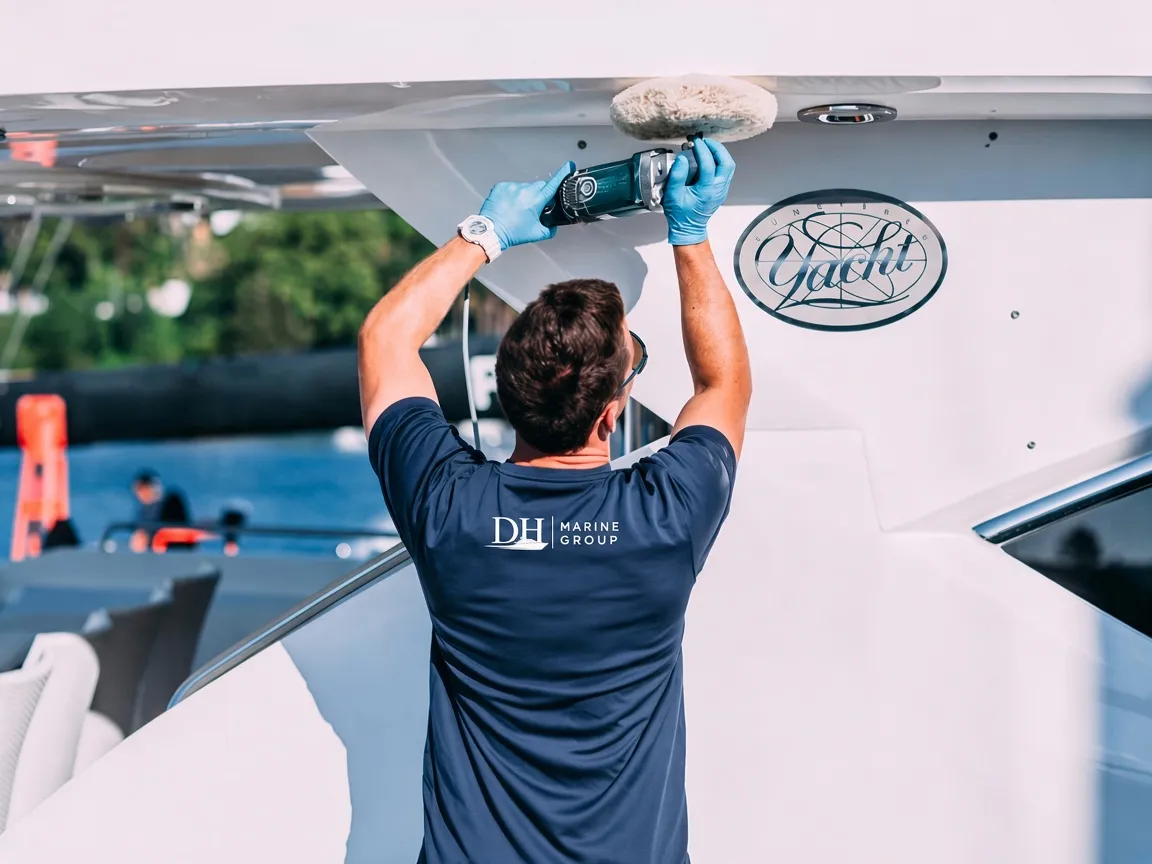 D.H. Marine technician polishing a yacht hull