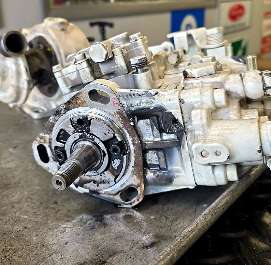 Marine diesel injection pump on a workbench for rebuild
