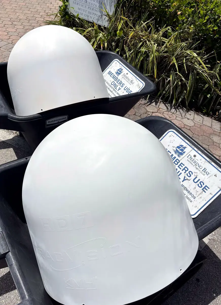 Two KVH satellite TV radomes ready for installation
